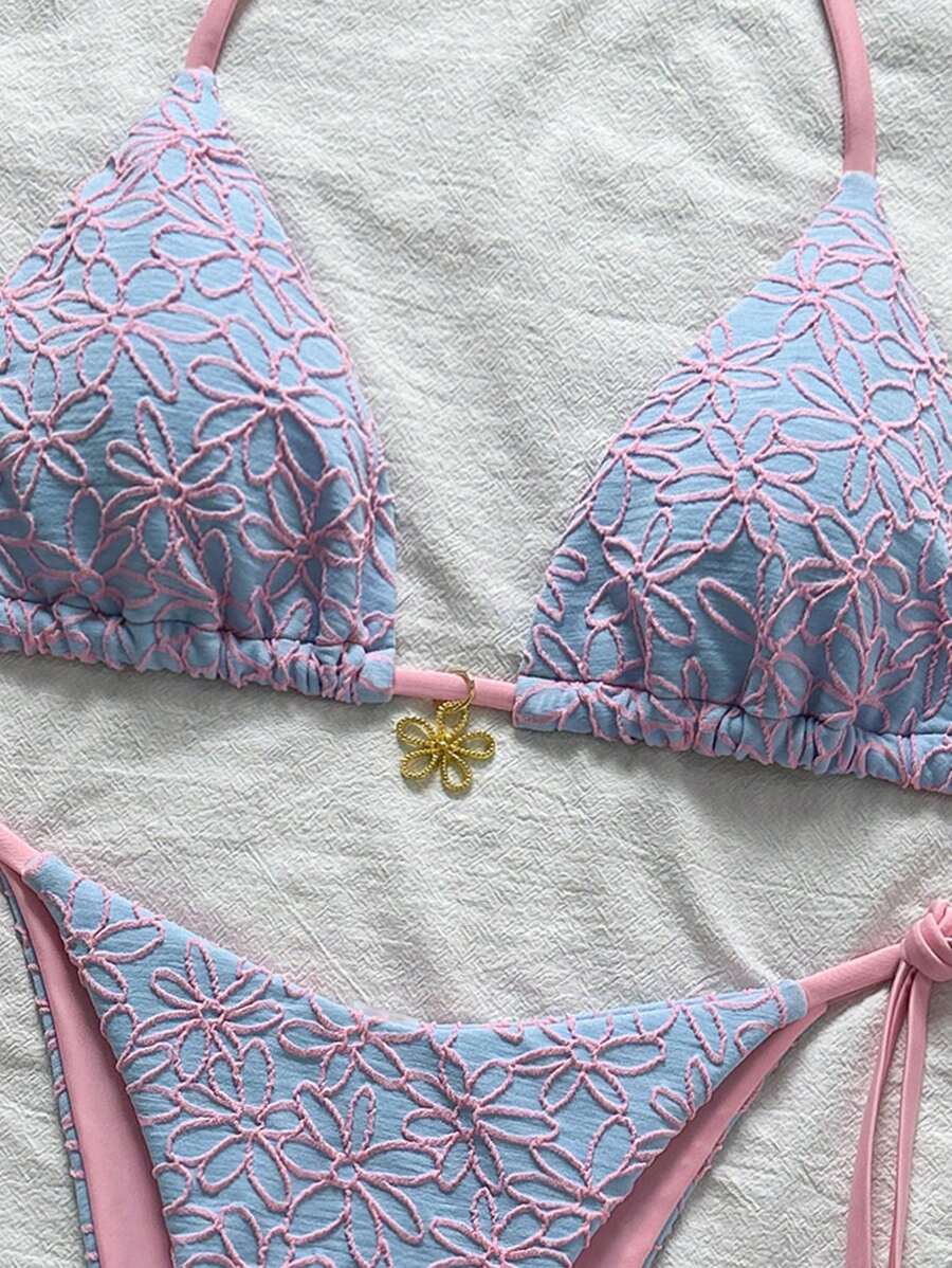 Çiçek Desenli Boyundan Bağlamalı Bikini Ve Bağcıklı Bikini Altı Takımı Niebbla