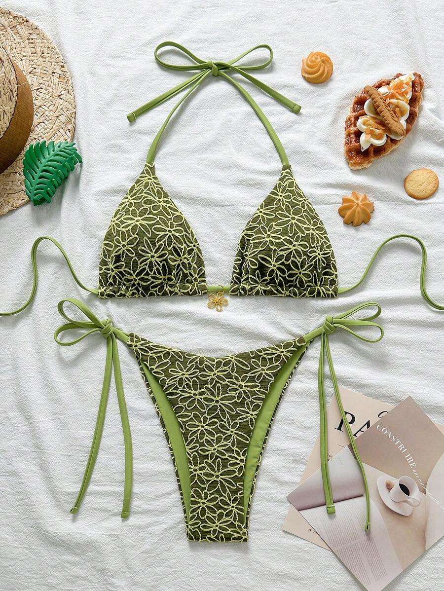 Çiçek Desenli Boyundan Bağlamalı Bikini Ve Bağcıklı Bikini Altı Takımı Niebbla