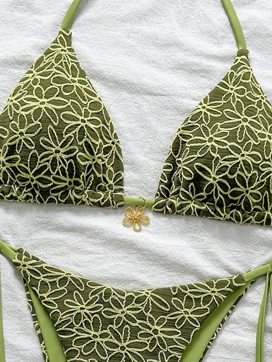 Çiçek Desenli Boyundan Bağlamalı Bikini Ve Bağcıklı Bikini Altı Takımı Niebbla