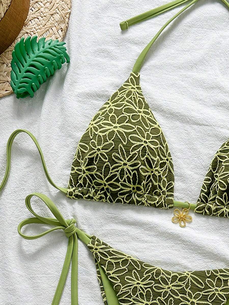 Çiçek Desenli Boyundan Bağlamalı Bikini Ve Bağcıklı Bikini Altı Takımı Niebbla