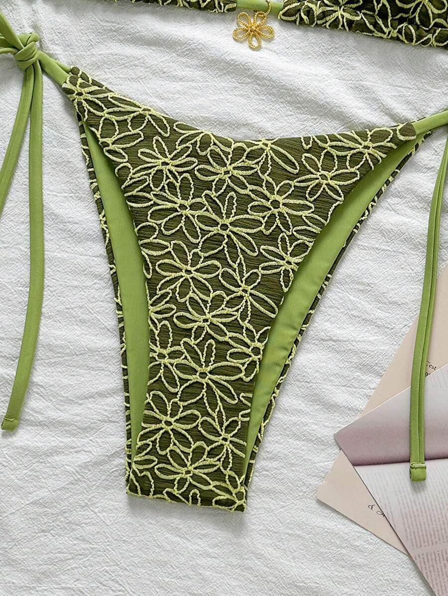 Çiçek Desenli Boyundan Bağlamalı Bikini Ve Bağcıklı Bikini Altı Takımı Niebbla