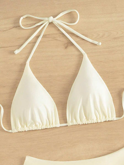 3 Parça Halter Üst + Üçgen Alt + Bağcıklı Şort Bikini Takımı Niebbla