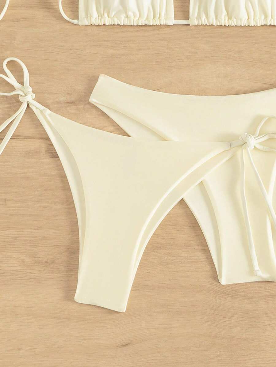 3 Parça Halter Üst + Üçgen Alt + Bağcıklı Şort Bikini Takımı Niebbla