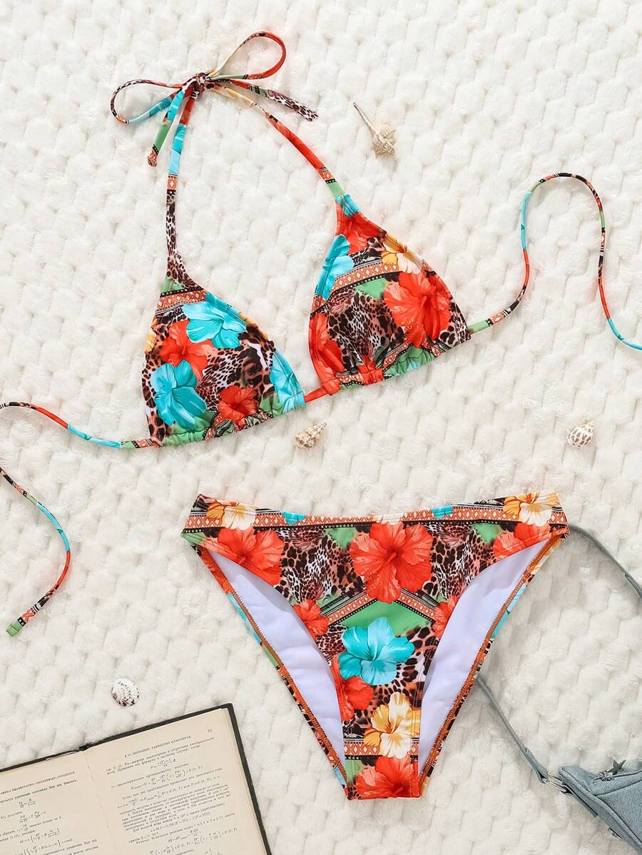 Çiçek Desenli Halter Bağcıklı Bikini Takımı Niebbla