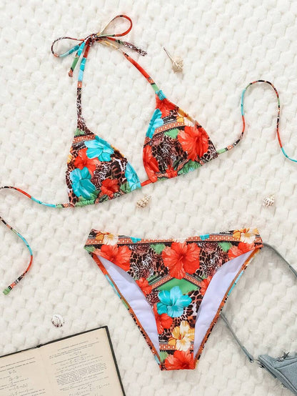Çiçek Desenli Halter Bağcıklı Bikini Takımı Niebbla