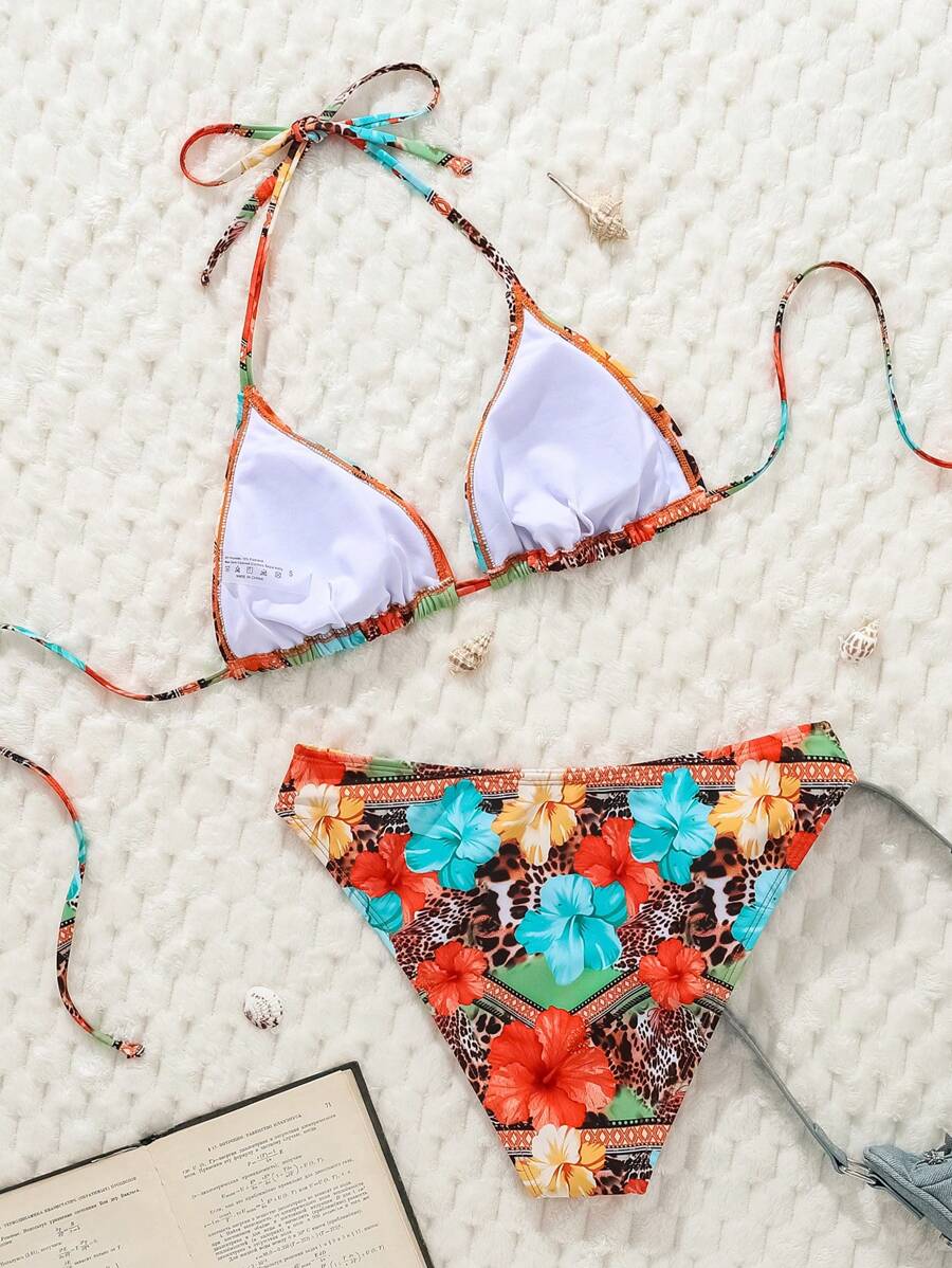 Çiçek Desenli Halter Bağcıklı Bikini Takımı Niebbla