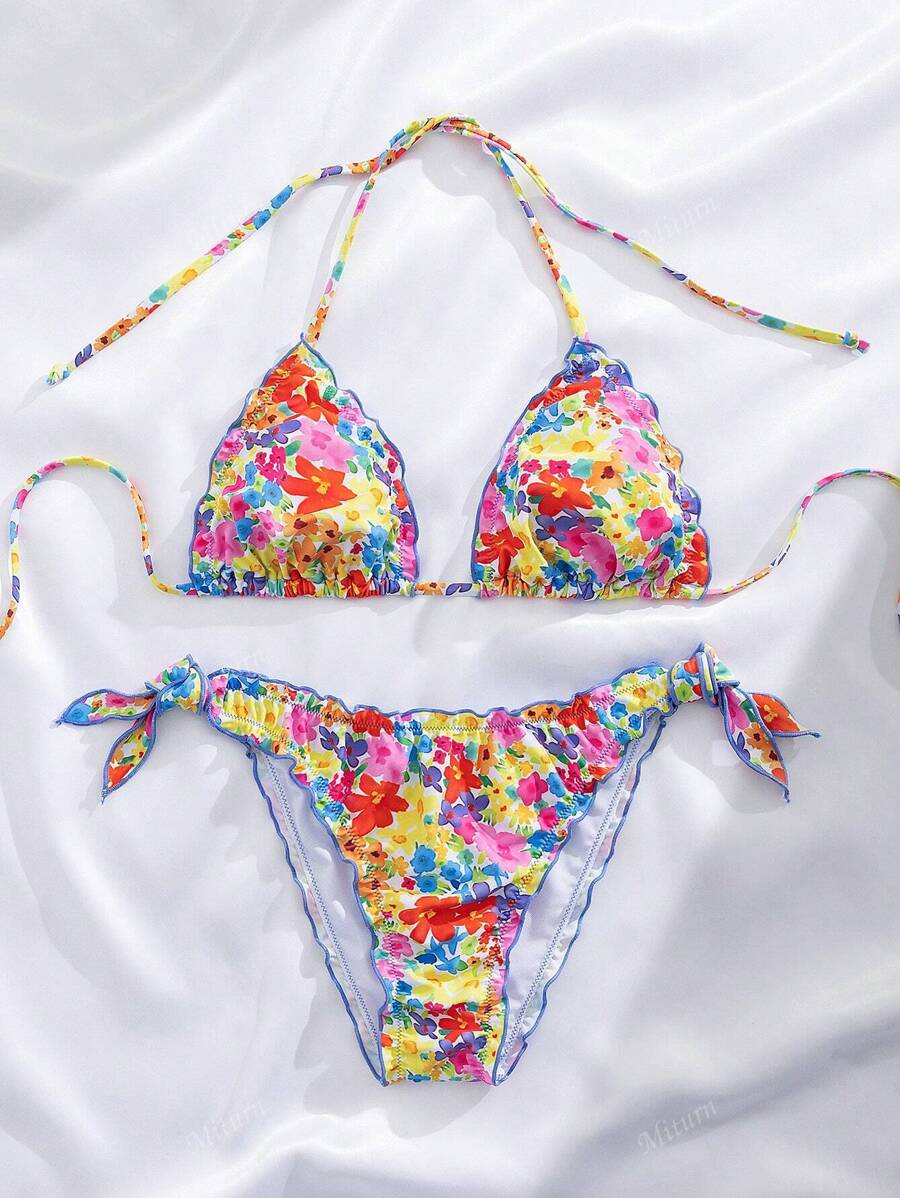 Çiçekli Dantel Pileli Bikini Takımı Niebbla