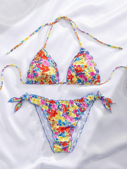 Çiçekli Dantel Pileli Bikini Takımı Niebbla