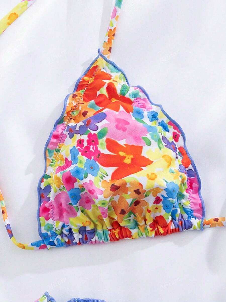 Çiçekli Dantel Pileli Bikini Takımı Niebbla