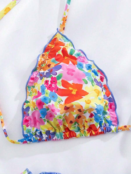 Çiçekli Dantel Pileli Bikini Takımı Niebbla
