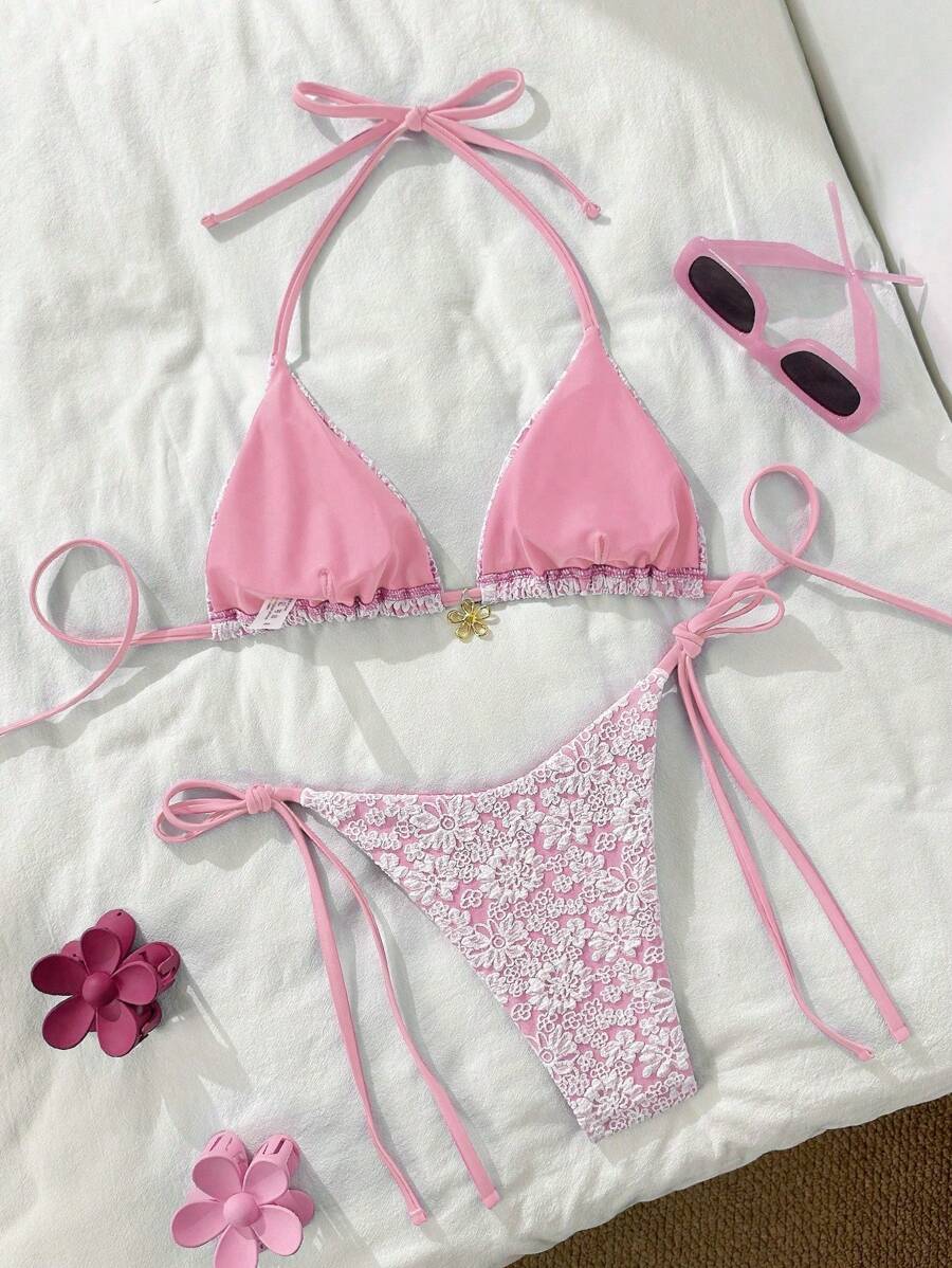 Altın Çiçek Desenli Üçgen Bikini Takımı Niebbla