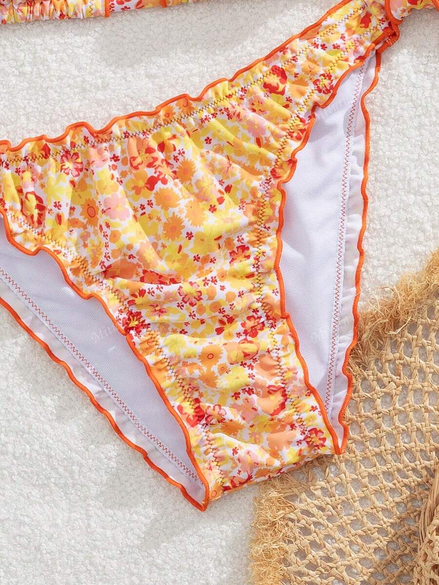 Çiçekli Dantel Pileli Bikini Takımı Niebbla