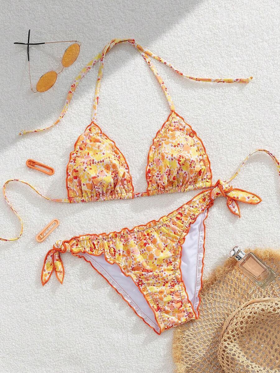 Çiçekli Dantel Pileli Bikini Takımı Niebbla