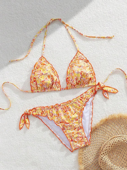 Çiçekli Dantel Pileli Bikini Takımı Niebbla