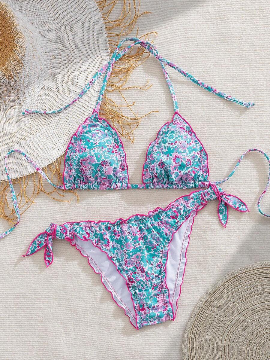 Çiçekli Dantel Pileli Bikini Takımı Niebbla