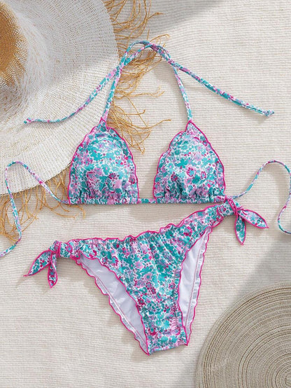 Çiçekli Dantel Pileli Bikini Takımı Niebbla