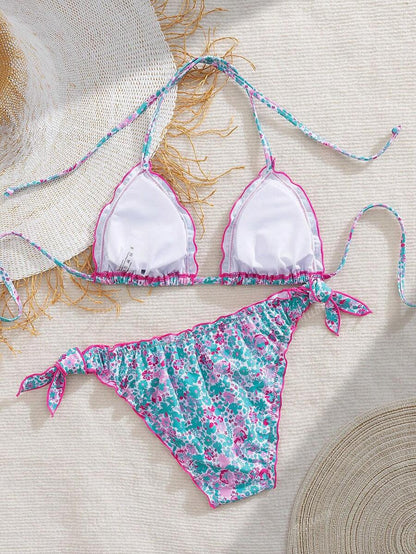 Çiçekli Dantel Pileli Bikini Takımı Niebbla