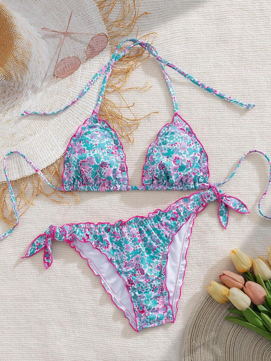 Çiçekli Dantel Pileli Bikini Takımı Niebbla