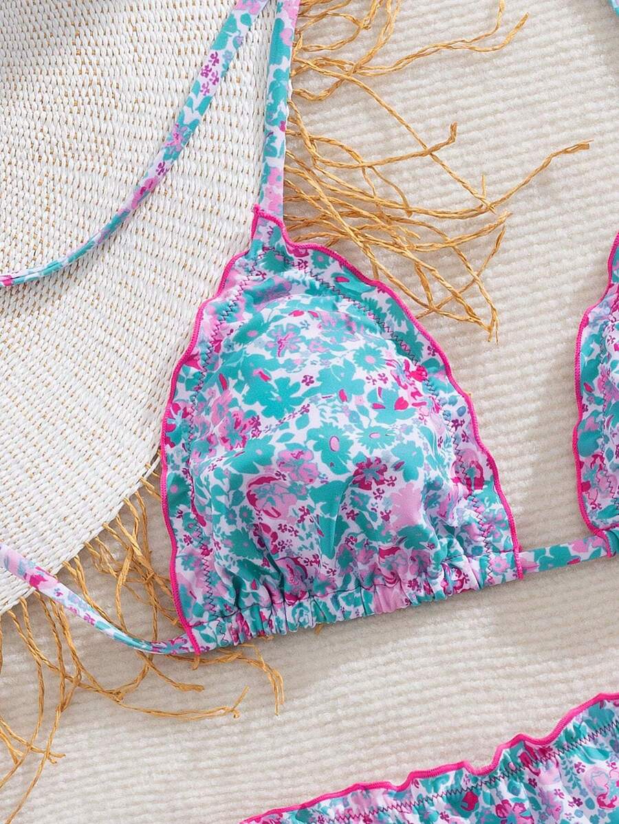 Çiçekli Dantel Pileli Bikini Takımı Niebbla