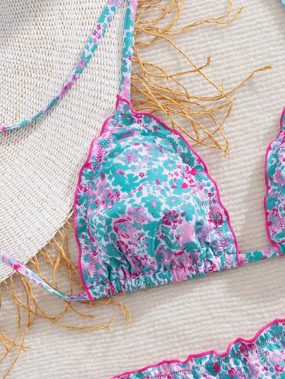 Çiçekli Dantel Pileli Bikini Takımı Niebbla