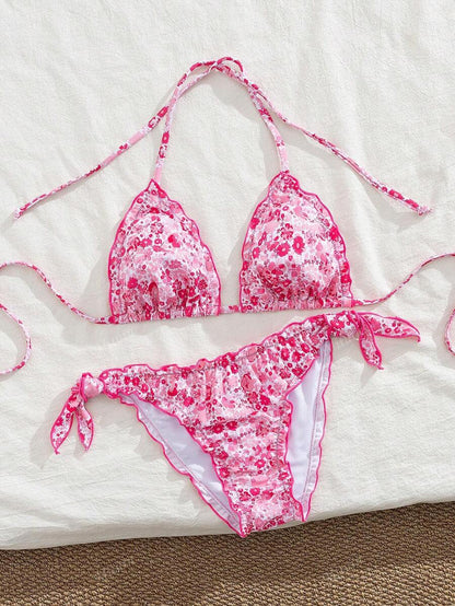 Çiçekli Dantel Pileli Bikini Takımı Niebbla