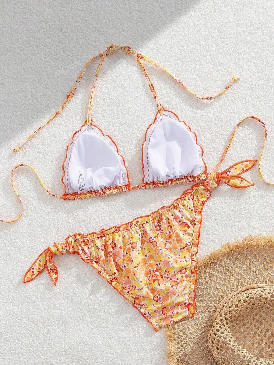 Çiçekli Dantel Pileli Bikini Takımı Niebbla