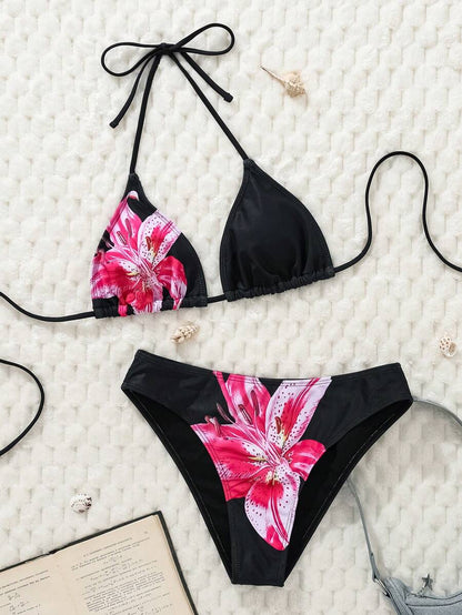 Çiçek Desenli Halter Bağcıklı Bikini Takımı Niebbla