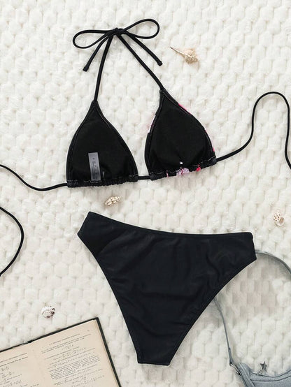 Çiçek Desenli Halter Bağcıklı Bikini Takımı Niebbla