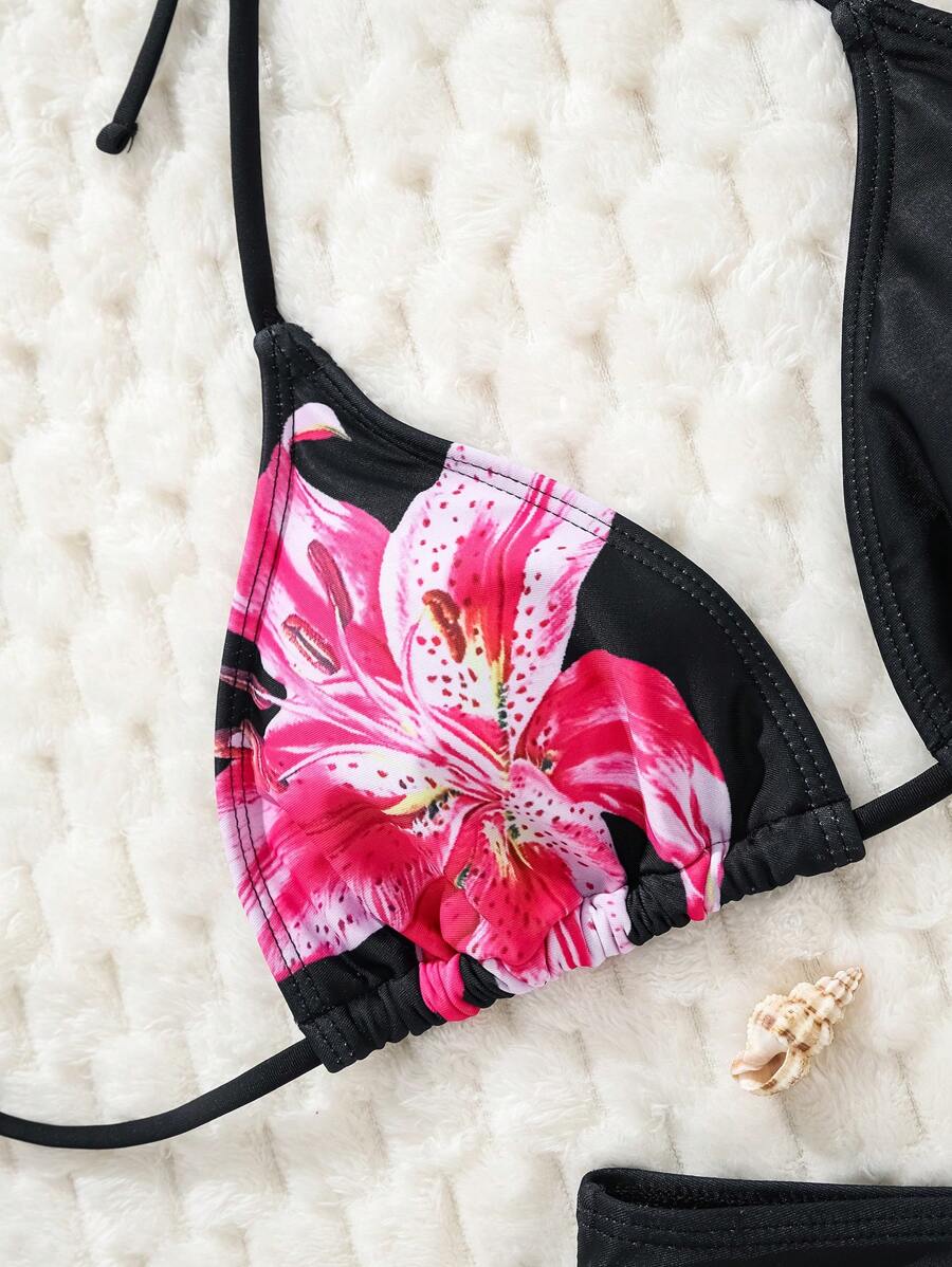 Çiçek Desenli Halter Bağcıklı Bikini Takımı Niebbla