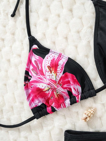 Çiçek Desenli Halter Bağcıklı Bikini Takımı Niebbla