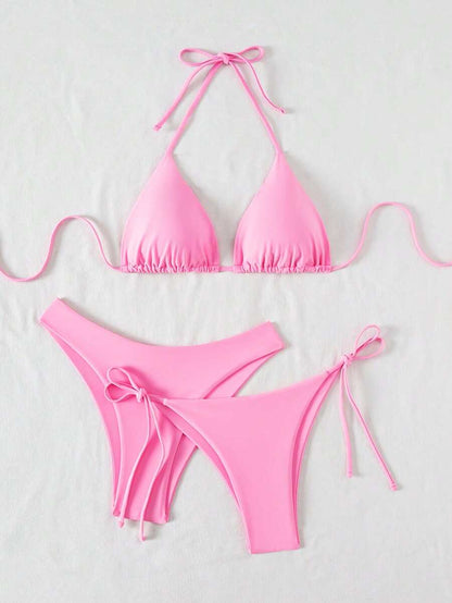 3 Parça Halter Üst + Üçgen Alt + Bağcıklı Şort Bikini Takımı Niebbla