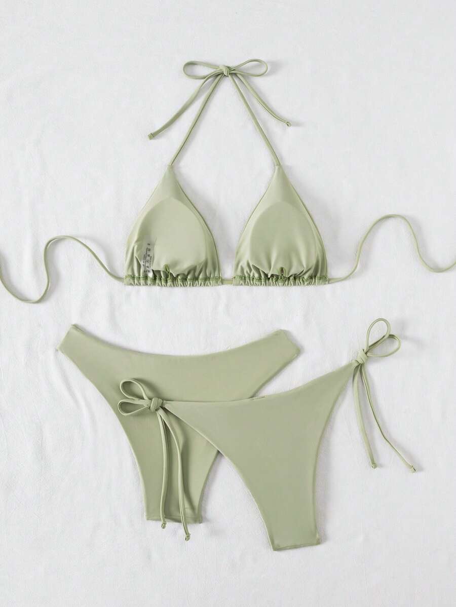 3 Parça Halter Üst + Üçgen Alt + Bağcıklı Şort Bikini Takımı Niebbla