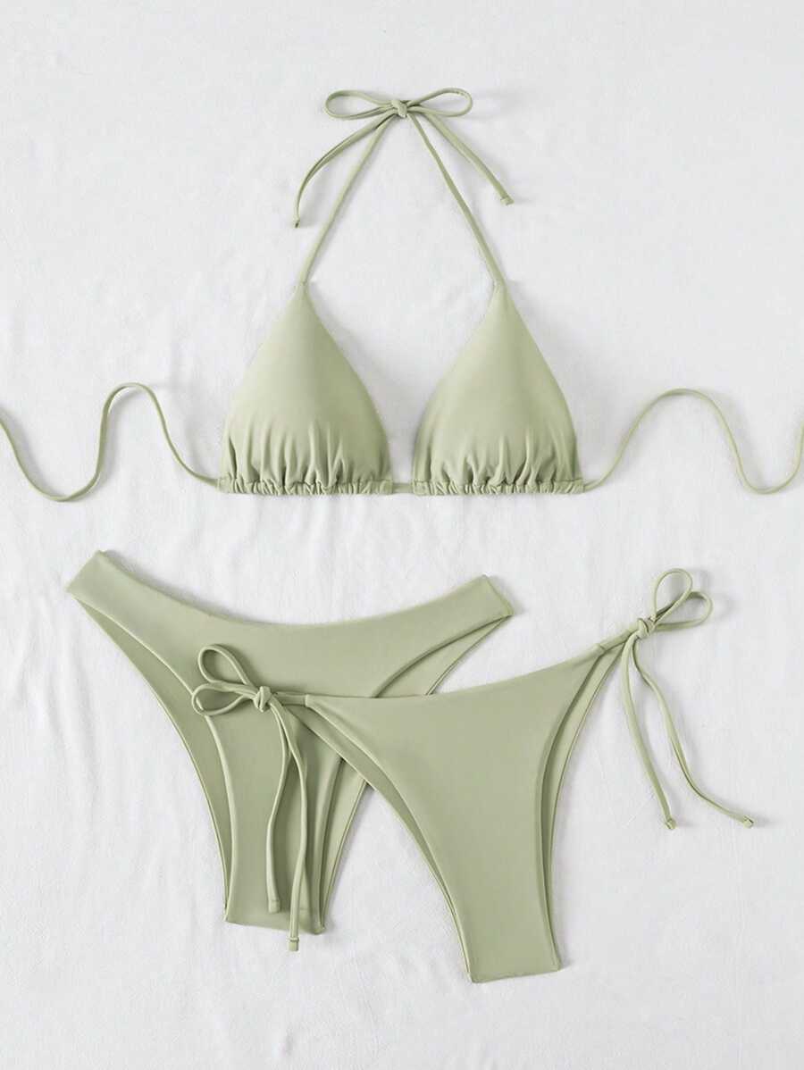 3 Parça Halter Üst + Üçgen Alt + Bağcıklı Şort Bikini Takımı Niebbla