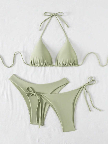 3 Parça Halter Üst + Üçgen Alt + Bağcıklı Şort Bikini Takımı Niebbla