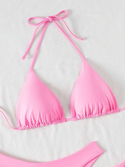 3 Parça Halter Üst + Üçgen Alt + Bağcıklı Şort Bikini Takımı Niebbla