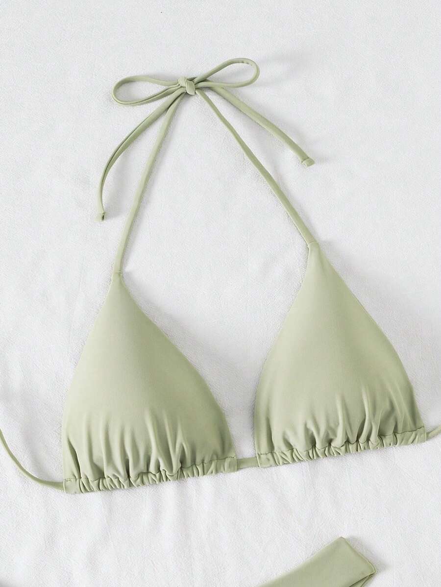 3 Parça Halter Üst + Üçgen Alt + Bağcıklı Şort Bikini Takımı Niebbla