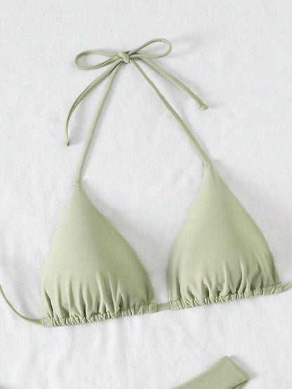 3 Parça Halter Üst + Üçgen Alt + Bağcıklı Şort Bikini Takımı Niebbla