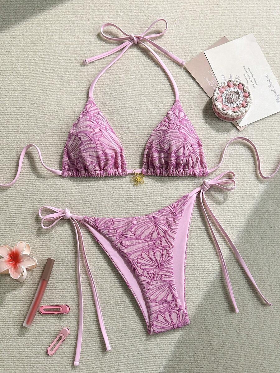Çiçek Desenli Boyundan Bağlamalı Bikini Ve Bağcıklı Bikini Altı Takımı Niebbla