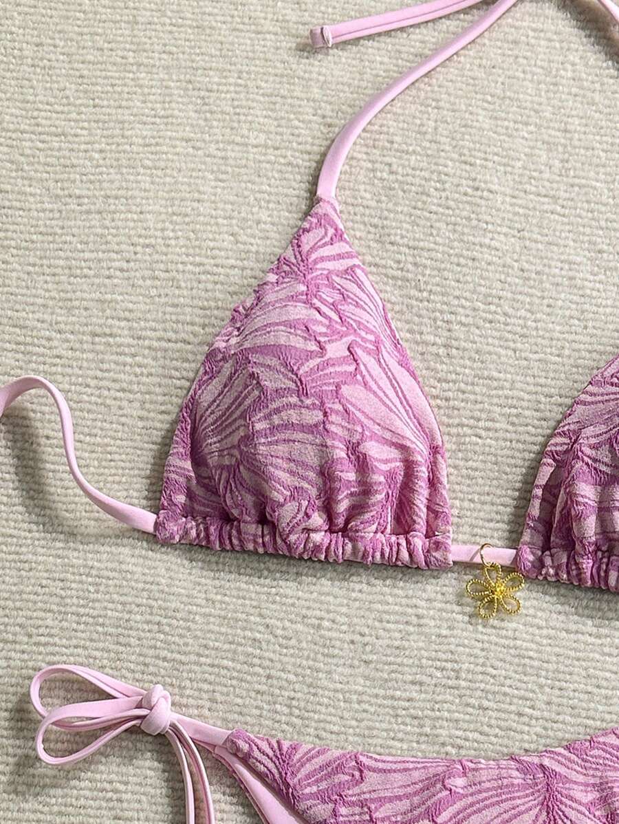 Çiçek Desenli Boyundan Bağlamalı Bikini Ve Bağcıklı Bikini Altı Takımı Niebbla