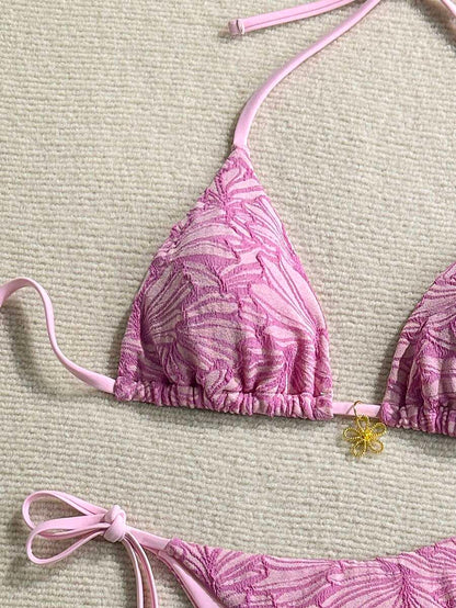 Çiçek Desenli Boyundan Bağlamalı Bikini Ve Bağcıklı Bikini Altı Takımı Niebbla
