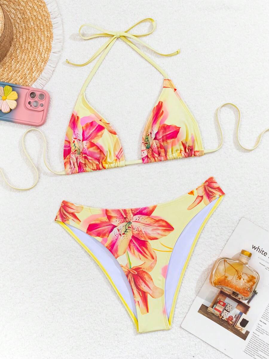 Çiçek Desenli Halter Bağcıklı Bikini Takımı Niebbla