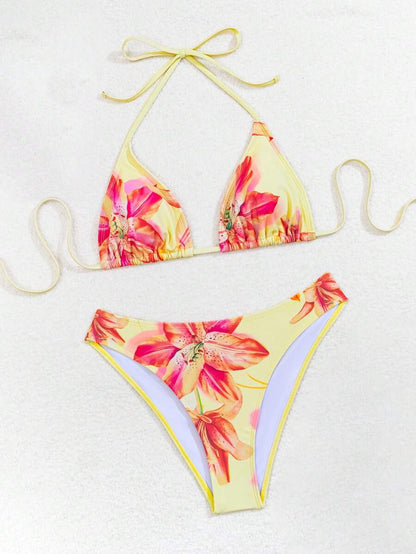 Çiçek Desenli Halter Bağcıklı Bikini Takımı Niebbla