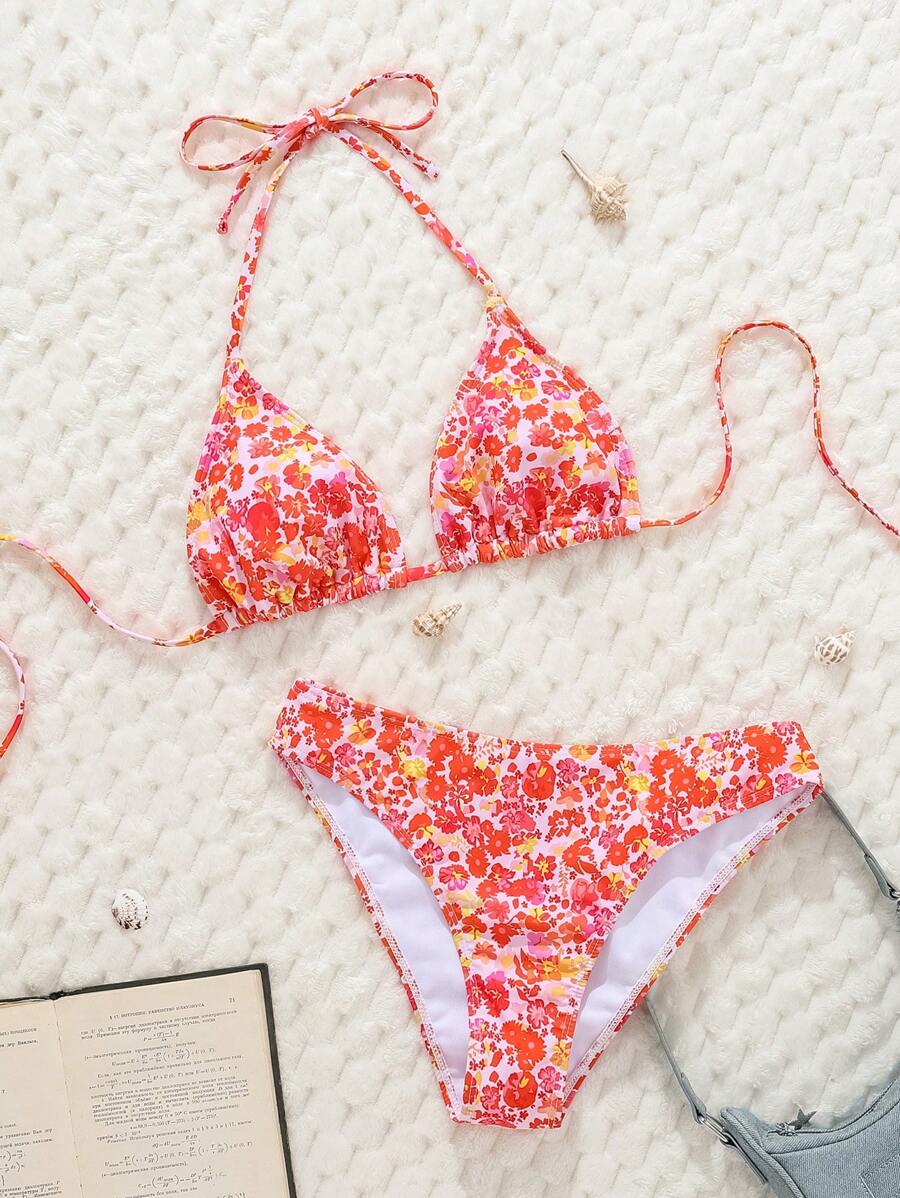 Çiçek Desenli Halter Bağcıklı Bikini Takımı Niebbla