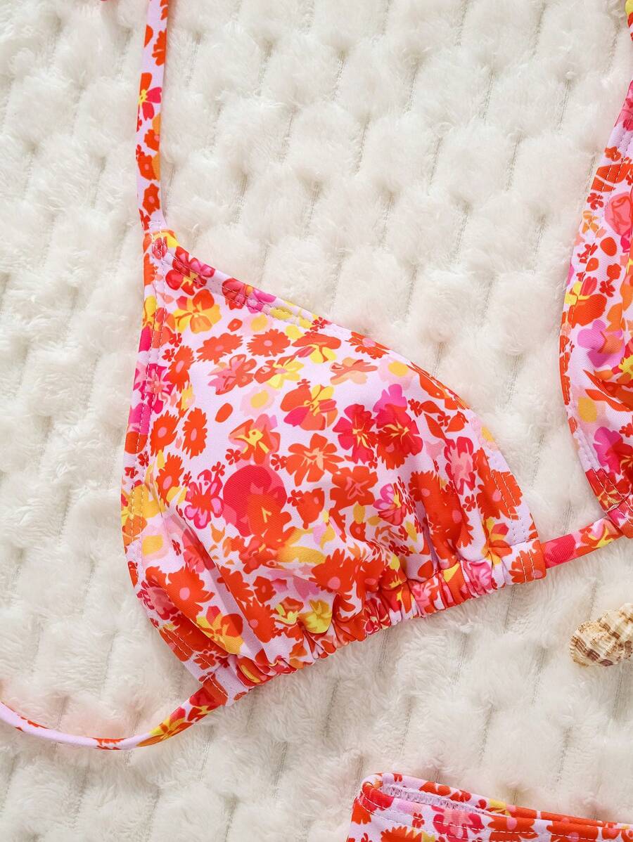 Çiçek Desenli Halter Bağcıklı Bikini Takımı Niebbla