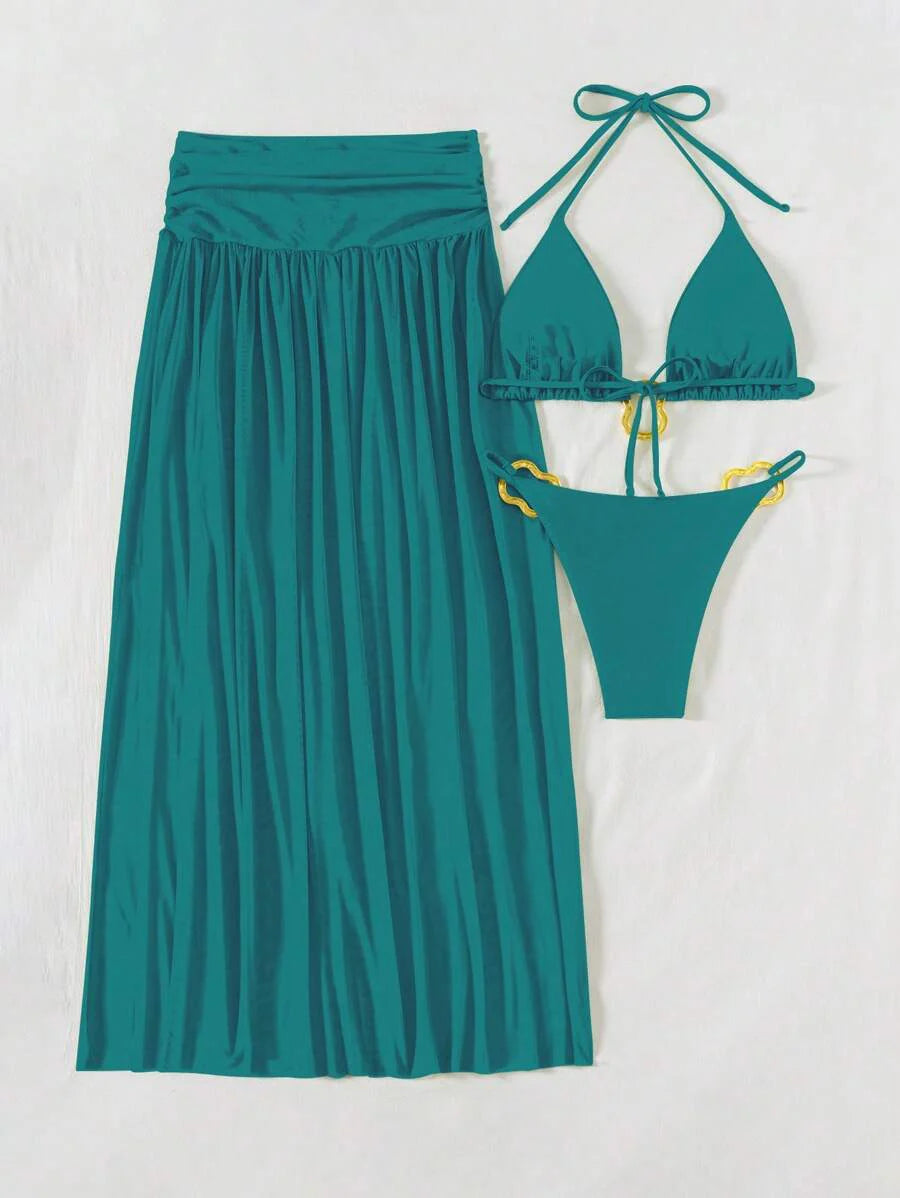 Parlak Kumaş Boyundan Bağlamalı Bikini, Asimetrik Halka Detaylı Uzun File Plaj Elbisesi Niebbla