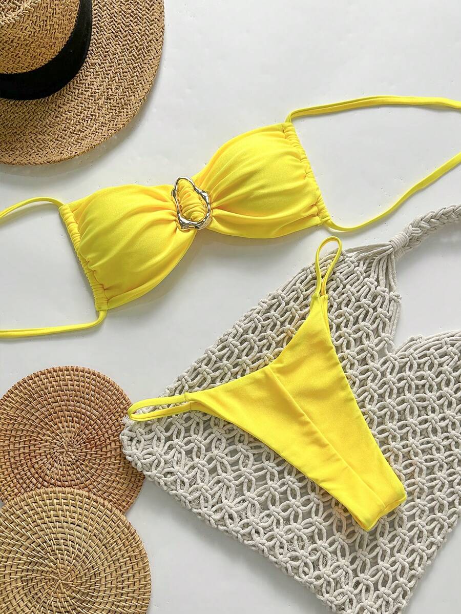 Pembe Straplez Bağcıklı Metal Detaylı Bikini Takımı Niebbla