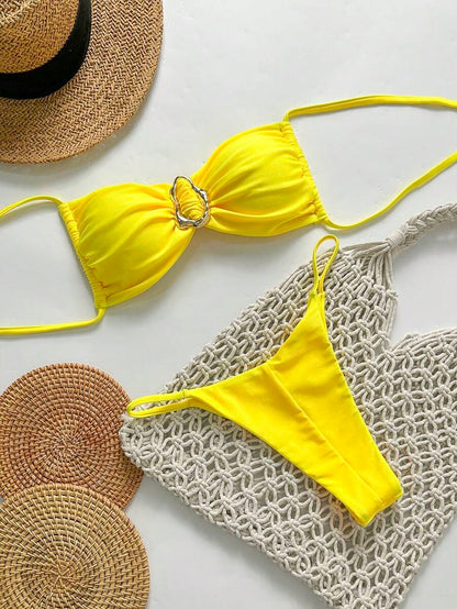Pembe Straplez Bağcıklı Metal Detaylı Bikini Takımı Niebbla