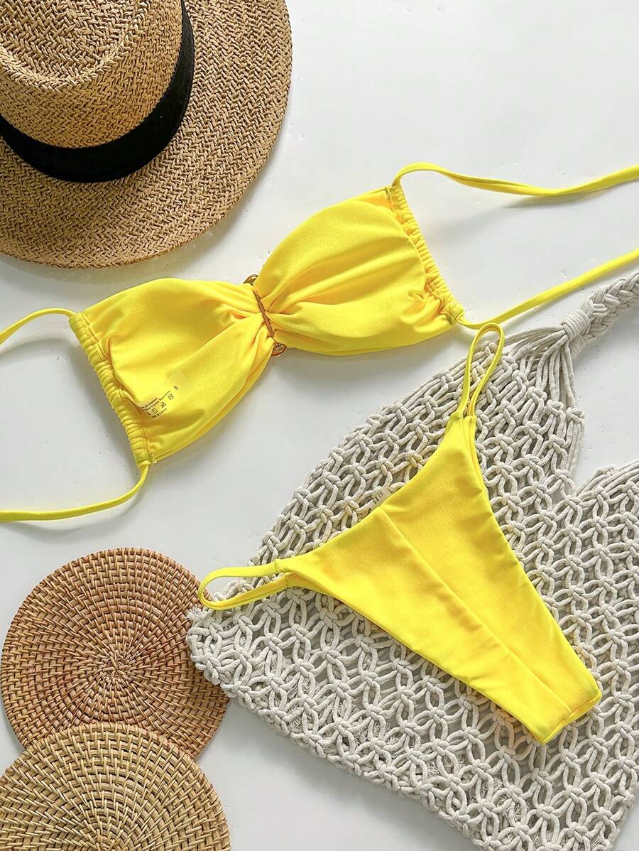 Pembe Straplez Bağcıklı Metal Detaylı Bikini Takımı Niebbla