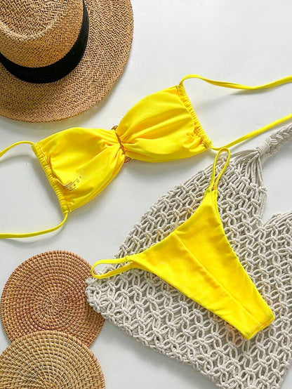 Pembe Straplez Bağcıklı Metal Detaylı Bikini Takımı Niebbla