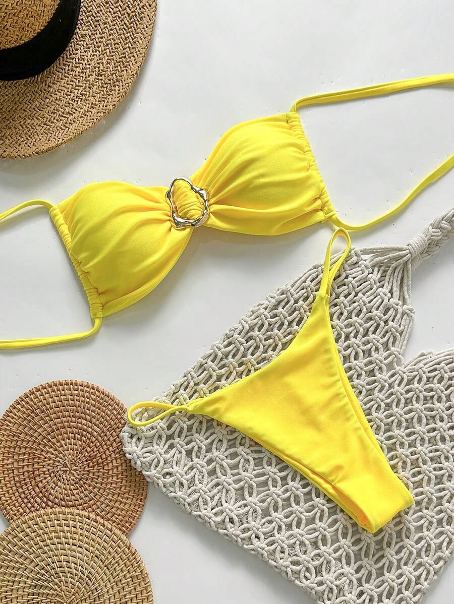 Pembe Straplez Bağcıklı Metal Detaylı Bikini Takımı Niebbla